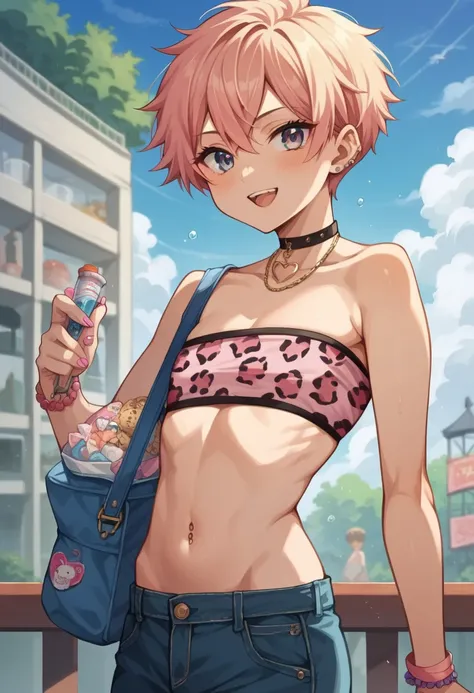 anime.(2d,girl,short stature,) nsfw,cute.,flat chest,nsfw,big head,rotund.cute.japanese..gyaru.bon-hair.pink leopard print tube top bikini and miniskirt.sox.stand.looking away.