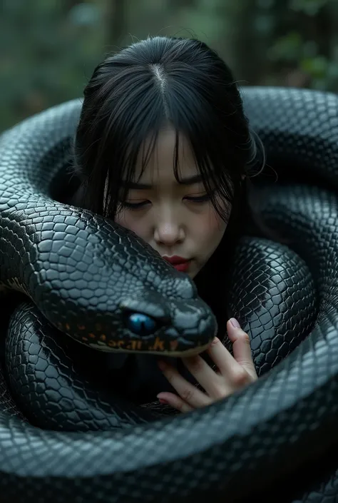 masterpiece, 8k, Photorealistic, beautiful Japanese girl with giant black snake squeezing her hard, wrapped in thick spiraling coils, crying, constricted, struggle, snake attack, the snake is about to eat her, midnight, despair