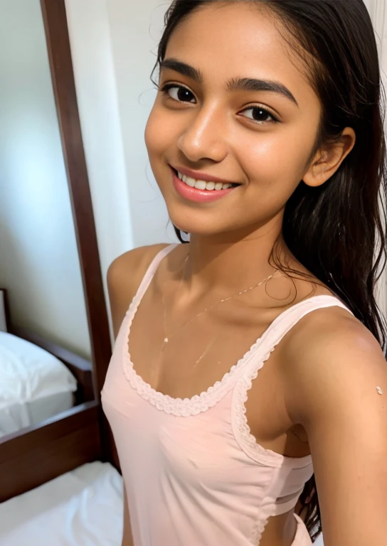 Sri lanka   girl, nude  , in the bedroom,  (slim, small, flat, small), photorealistic, detail, skin texture, super detail, delicate and sexy collarbone, smile, wet hair, after bath hair, sweating skin, nude, full body portrait