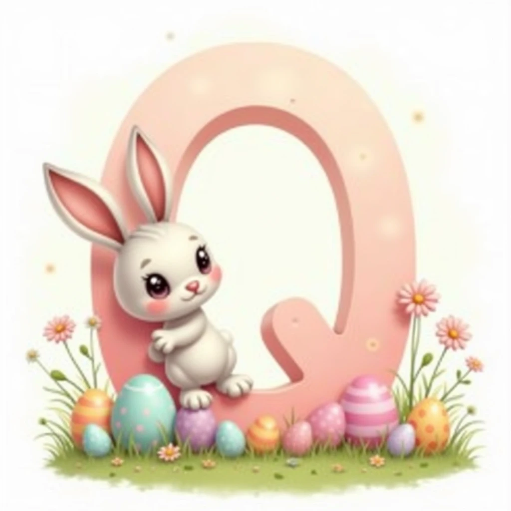 "Adorable Easter-themed illustration featuring a cute small bunny with big eyes, leaning against a pastel gradient letter 'Q.' The scene is surrounded by colorful decorated eggs, wildflowers, and fresh green grass, creating a cheerful spring atmosphere."