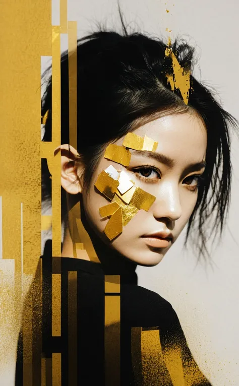 abstract portrait of 1girl,fragmented visual style,gold and black color palette,evokes feelings of rebellion,passion,and freedom,blurred boundaries,high resolution,aesthetic,