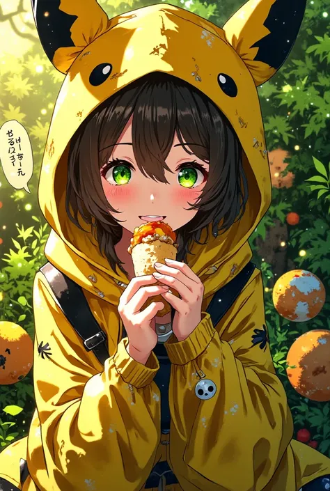 (in style of fujimoto tatsuki \(style\),:1.2), ligne claire, ukiyo-e,
1girl,
masterpiece, best quality, amazing quality, 
green eyes, dark-brown hair, freckles, (asymmetric bangs), low-twintails, 
mimikyu_cosplay, personification, hood up, short sleeves, t...