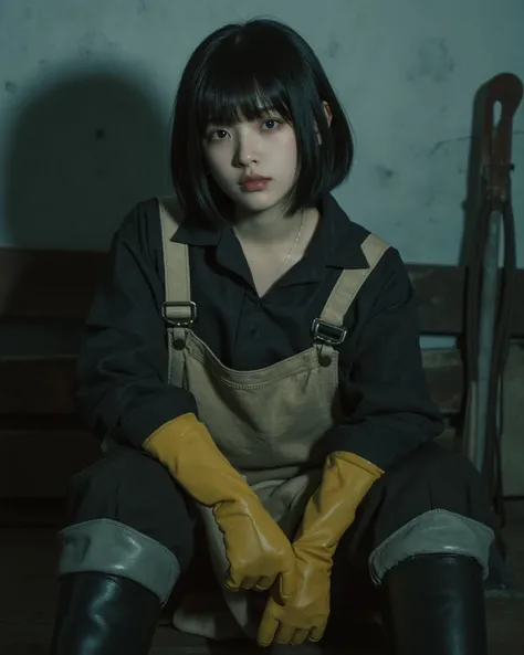  1 girl, adult,  black hair, pale red eyes,  look at viewers, Ships ,  has short hair , boots, Rubber gloves ,  apron, fisher, 