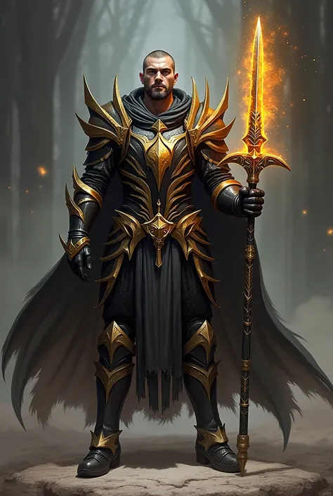 hero: name : Aric Blackthorn Description :  Aric is an imposing warrior in black and gold armor that shines with a magical aura.. He wields an Apocalyptic Dragon Staff and the Sword of the World Destroyer .,  a legendary weapon with immense destructive pow...