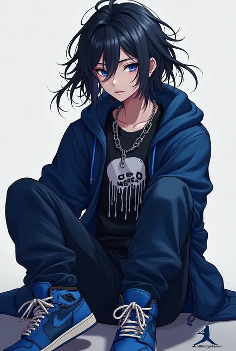 i want a cool anime pfp with dark blue eyes blue air jordans dark blue jacket black shirt with melty on it and a chain with black hair a boy