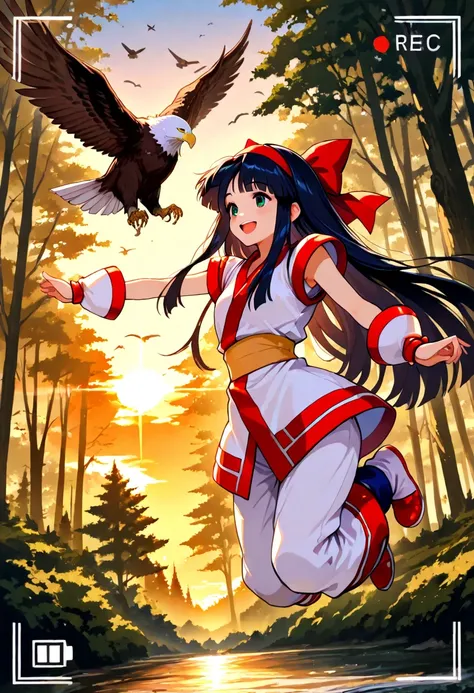 1girl,nakoruru, bird, eagle, happy, jumping,bright smile, forest, sunset,orange teal, film, view finder, masterpiece, best quality ,ultradetailed, visual impact,