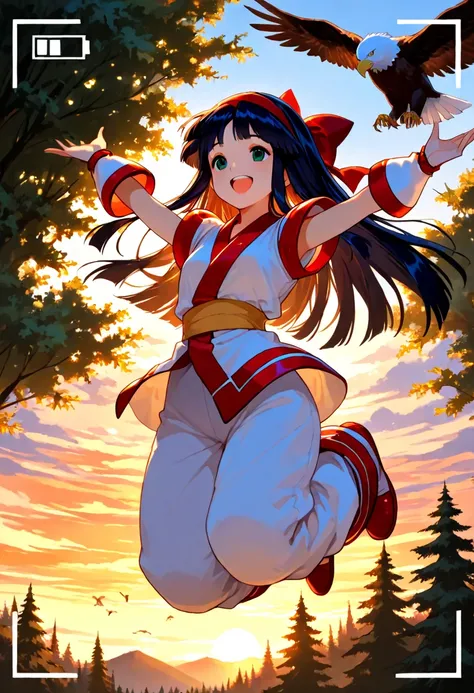 1girl,nakoruru, bird, eagle, happy, jumping,bright smile, forest, sunset,orange teal, film, view finder, masterpiece, best quality ,ultradetailed, visual impact,