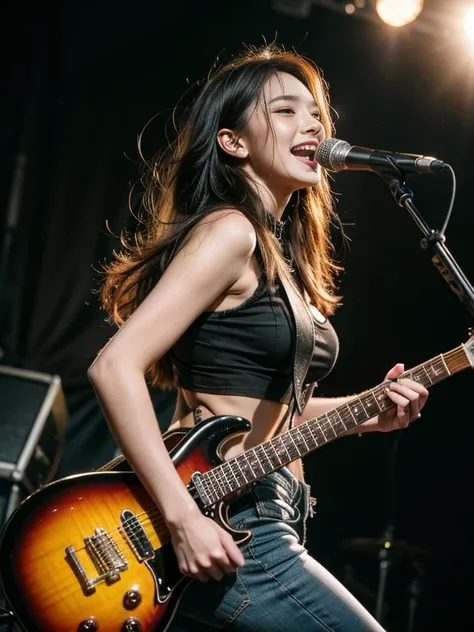 (1girl, solo), motorhead, lemmy kilmister, best detail, best proportion, best anatomy, best face, best shaped breasts, very big breasts, big ass, (tall girl), ((20years old ):1.0), (black long hair), (female musician with electric guitar), pantyshot, smile...