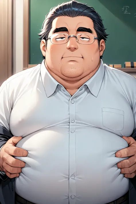 obese fat man,solo ,rimless glasses,black slicked back hair,cleft chin,japanese , narrow eyes, teacher,body