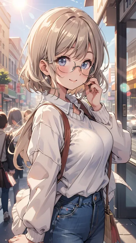  Watanabe Yo,Around town,Glasses, shopping, white sweater,The blue shirt comes out of the collar, denim pants,Big Breasts, smiles,  happy/joy,  lens flare,  anatomically correct from toe to head,  look,  blushes,  mouth, 