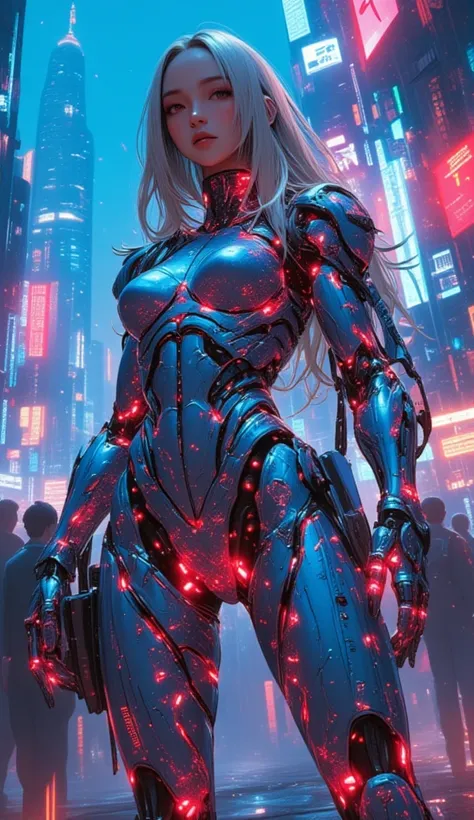 Cyberpunk Gaga: Design a futuristic, robotic outfit for Lady Gaga, incorporating elements of circuit boards, neon lights, and metallic textures. Consider the functionality of the outfit – what purpose does it serve in this cyberpunk world? Showcase the des...