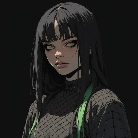 (score_9, score_8_up), score_7_up, zPDXL, 1girl, bald, hairless, asian, Black hair with green highlights, long side locks, straight bangs, neon green eyes,  Grid blouse black, (cowboy shot), dark background sinozick style, flat color