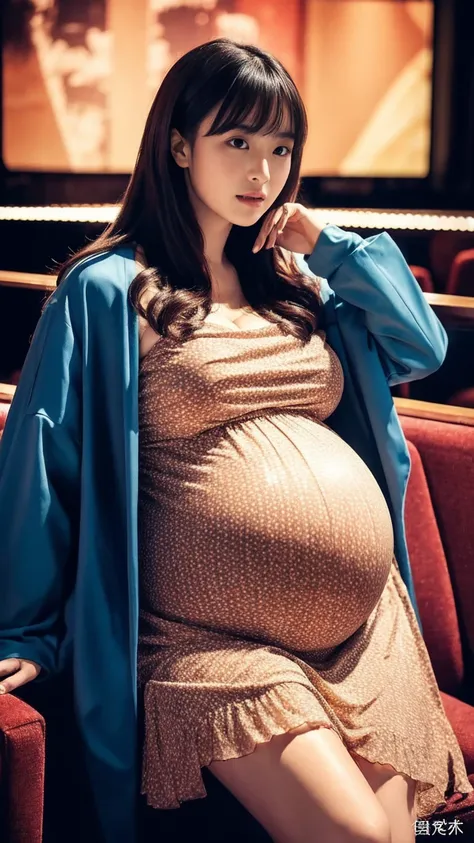 masterpiece, Best Quality, 8K,looking at the viewer,Japanese Lady,20 years old, huge pregnant, Voluptuous, cinema background, sexy chiffon dress and coats, sitting 