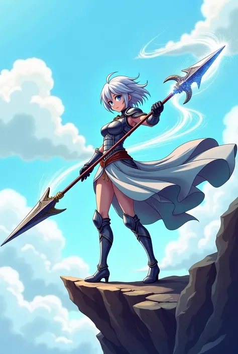 "4K anime style quality, digital drawing mode, a fierce female warrior with short silver hair, sharp blue eyes, and silver-gray armor, standing on a windy cliff, her spear sparking with energy as she spins it in a tempest of wind, full body, powerful stanc...