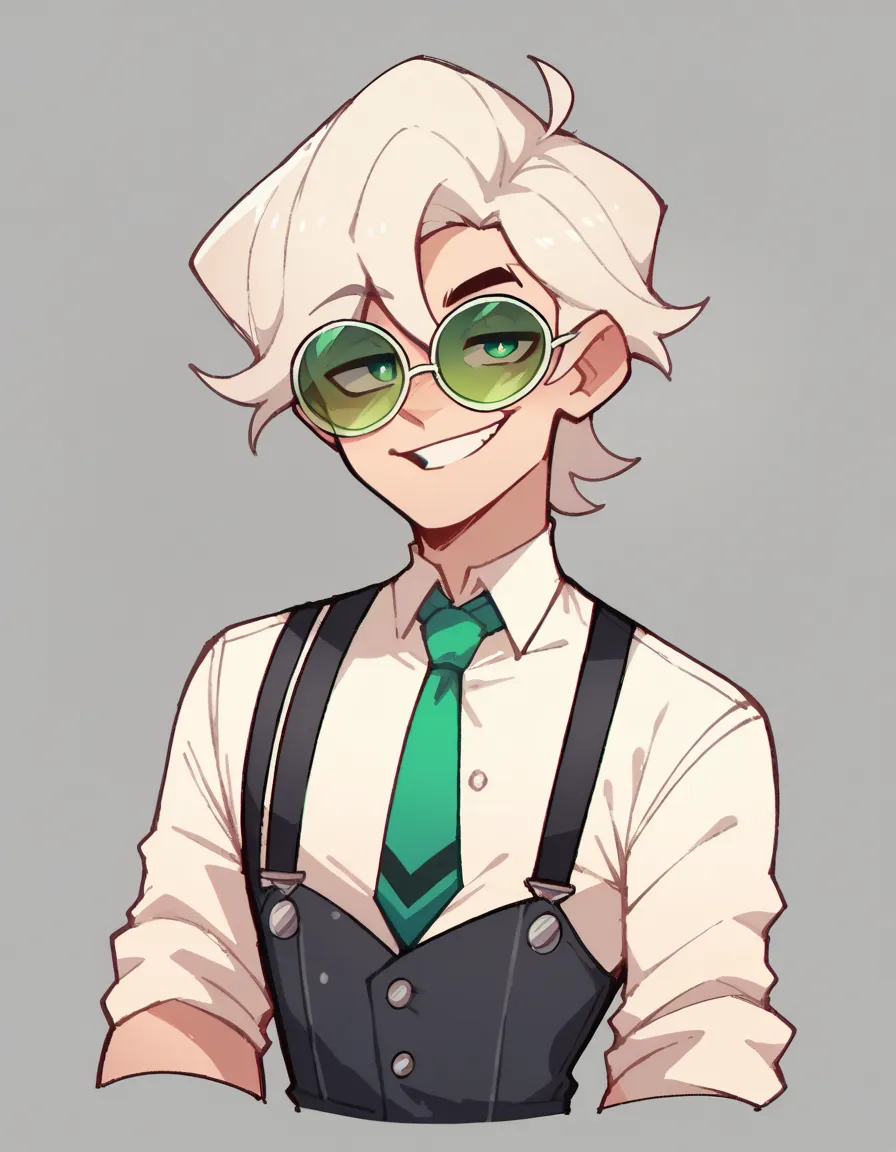 human Male , whiter  hair Style   , Green pupils    , white shirt Buttons  , Suspenders ,StickySweet Style , Tie  , Gloves  ,  round Sunglasses ,smug face 