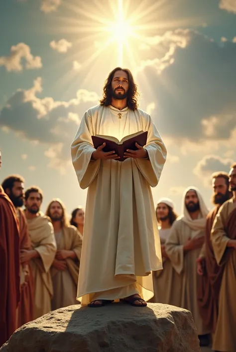 " A symbolic image of Jesus dressed in a shiny white robe , standing on a rock,  with an open book in your hands . Behind him,  a crowd of people from different times and ethnicities observe him with reverence. IN THE SKY,  A heavenly light illuminates the...