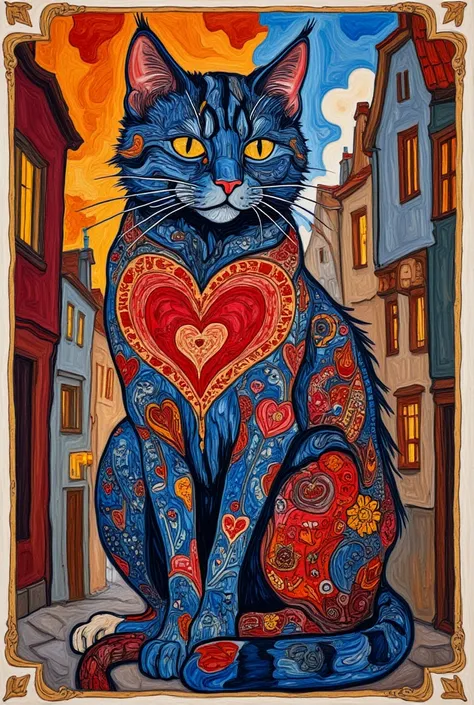  Valentine's card. Line drawing. scarlet color, cobalt blue. White line drawing. Thin lines. Frame. Complex ornamentation, baroque, neo-rococo. Double exposure. Surrealism. A cat created from hearts. Golden eyes and whiskers. Delicate beautiful hearts in t...