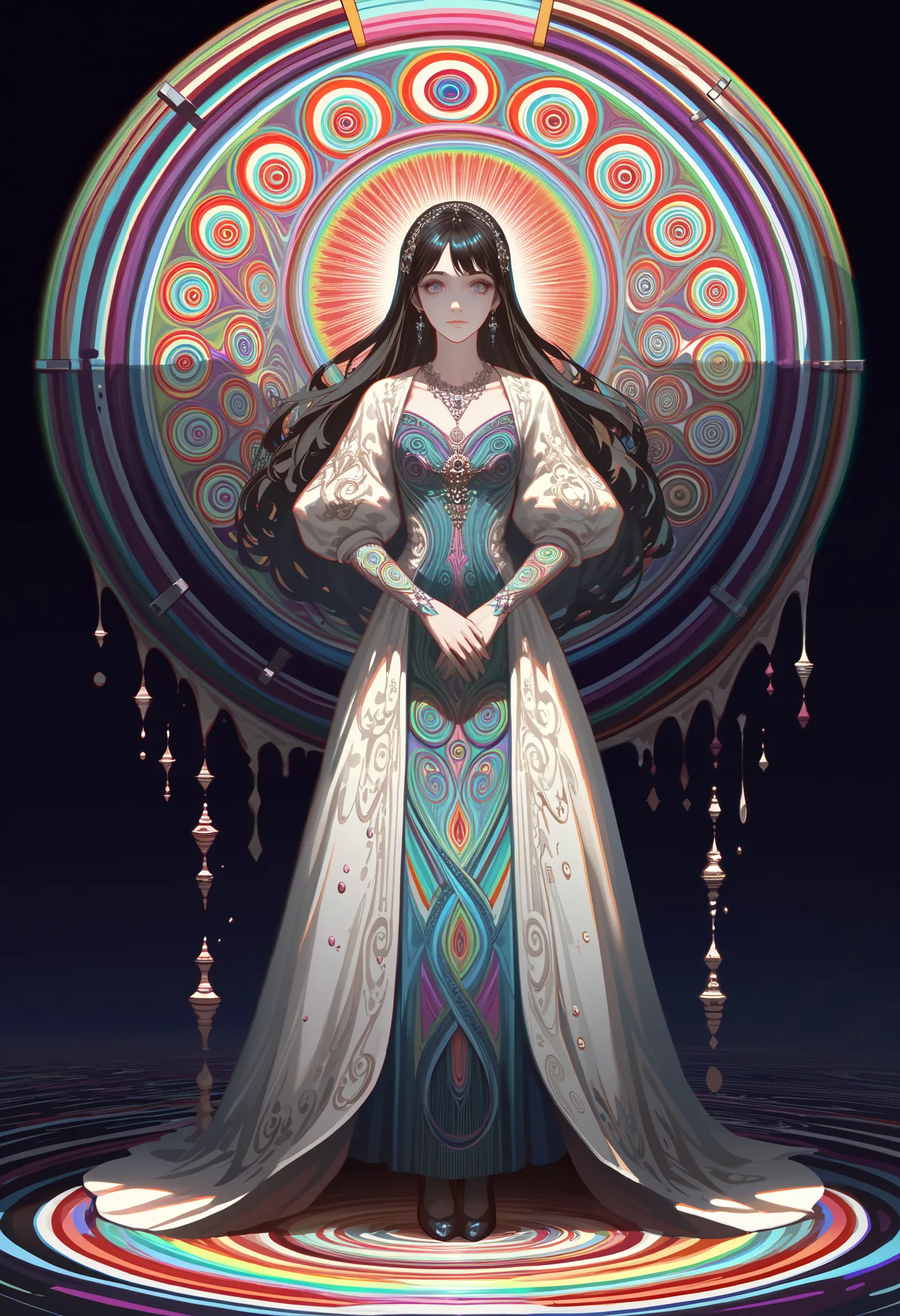 an extremely psychedelic portrait of a healer, surreal, LSD, face, detailed, intricate, elegant, agile, highly detailed, digital painting, art station, concept art, smooth, sharp focus, illustration, 1girl, full body