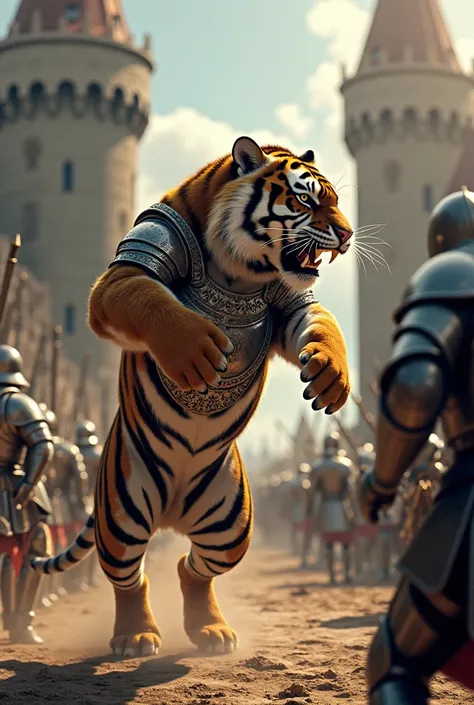 Video Tiger fight in armor with knights at the gates of the fortress