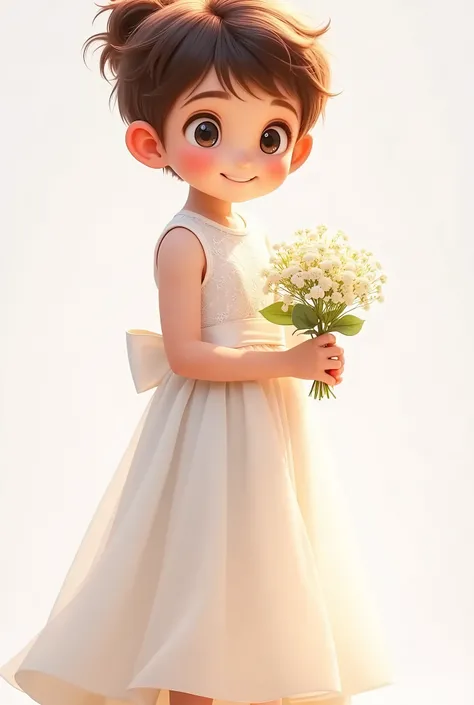 The same  from the photo, with cute and expressive features, now in a long flower girl dress, wearing a long, loose and delicate white dress with lace details, a satin sash at the waist and matching shoes. Her hair is styled in a bun, with a small white bo...