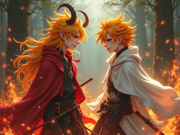 2 oc male demon slayer sauvage aggresif 
beaux gosse.Garçon 1 Cheveux Jaune Et Orange long 
yeux ecarlate stylé artificial
porte une cape rouge motif japonais
épée flammes 
regard demoniaque.
garçon 2 cheveux jaune et rouge herisssé sauvage yeux ecarlate s...