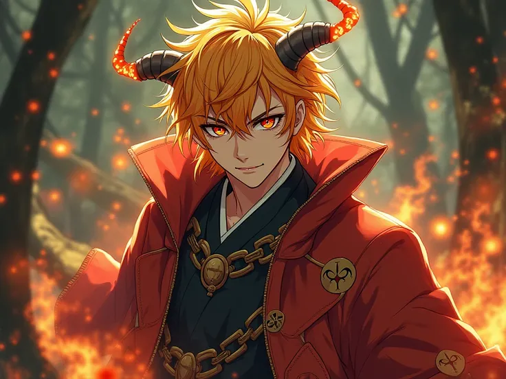 2 oc male demon slayer sauvage aggresif 
beaux gosse.Garçon 1 Cheveux Jaune Et Orange long 
yeux ecarlate stylé artificial
porte une cape rouge motif japonais
épée flammes 
regard demoniaque.
garçon 2 cheveux jaune et rouge herisssé sauvage yeux ecarlate s...