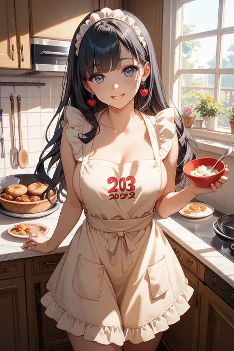  22 year old cute woman　 beautiful　Shine　fun　 happy　 kitchen　 Black Hair Long Hair 　whole body　 naked apron　Cooking