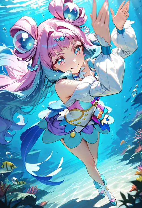  top quality,  very detailed,  Masterpiece, anime,  one girl,  alone,  Cure La Mer, feather hair ornament, (Beautiful fine details),  very detailed顔, Exquisite CG  , ( perfect hand,  Complete Technique), straight hair, Dynamic Poses , Underwater Background...