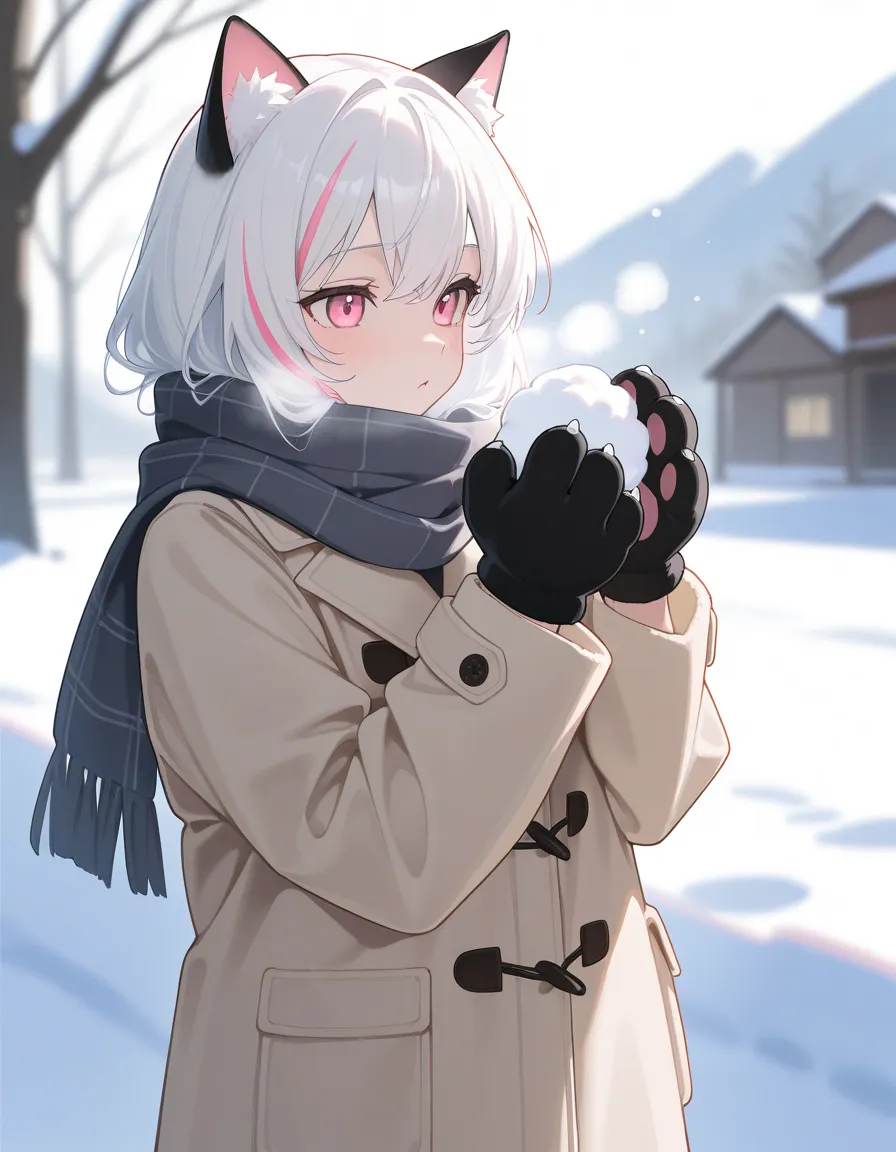  masterpiece, best quality ,  latest , of, 美丽of女性 ，Cat ears，White hair， pink eyes，streaked hair，cotton coat ，scarf，snow，cat glove