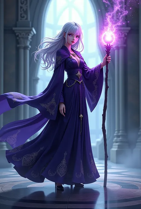 "4K anime style quality, digital drawing mode, a cunning female mage with silver hair, glowing purple eyes, and robes covered in runes, standing in a shadowed arena with reflections around her, her staff emitting ethereal light as she casts illusion spells...