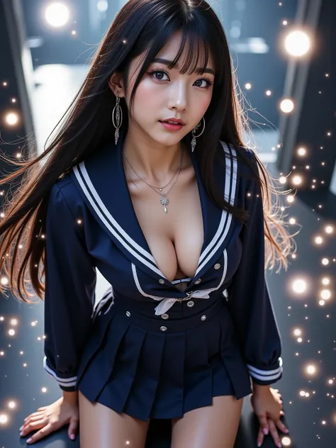 Korean girl, occupation is idol, black long hair, big chest, Sailor school uniform, short navy pleats skirt, thigh stocking, cowboy shot, wide shot, from below