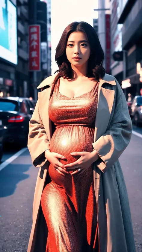 masterpiece, Best Quality, 8K,looking at the viewer,Japanese Lady,20 years old, huge pregnant, Voluptuous, cinema background, sexy chiffon dress and coats, standing