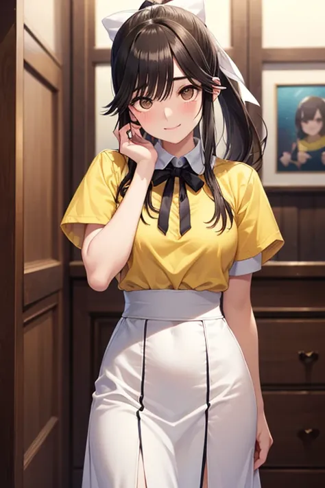 Takane Manaka, shiny brown long hair, ponytail with white ribbon, beautiful brown eyes, smiling face, sparkling pupils, (fine grain), highly detailed eyes, highly detailed face, highly detailed eyes,, (masterpiece:1.2, best quality), 1 girl, cowboy shot,, ...