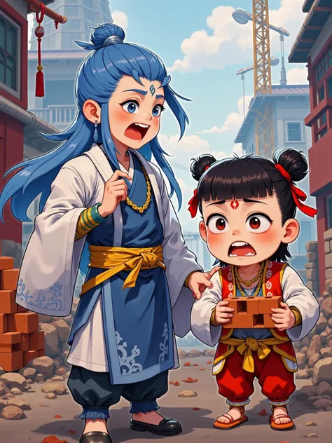 Animation Style, Nacha in classic costumes, Show "Nezha no Demon Boy Naohai" at a construction site, Nacha is dressed in costume, Carrying a steel pipe, has a cinematic look; Nacha and Ao Bing in traditional costumes, heads down, holding a pile of bricks, ...