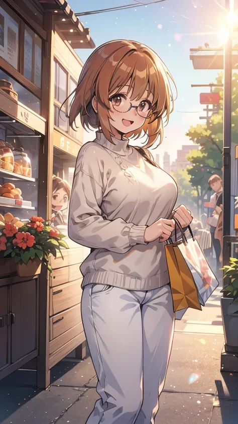  Nishizumi Miho,Around town,Glasses, shopping, white sweater, denim pants,Big Breasts, smiles,  happy/joy,  lens flare,  anatomically correct from toe to head,  look,  blushes,  character profile,  open your mouth slightly,