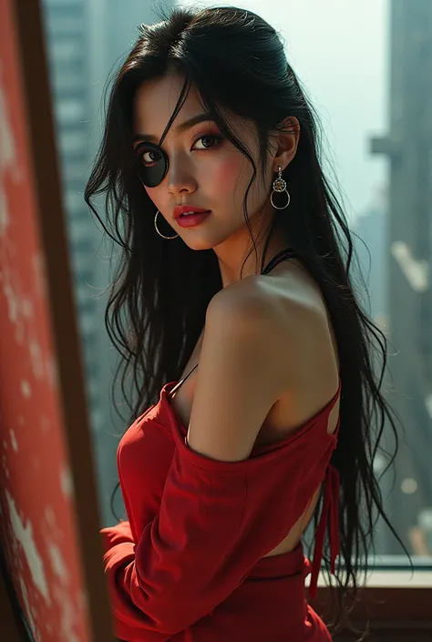 A sexy asian  girl, with a  leather eyepatch，with round earrings，smile，long hair, with pink lips, with high heels, painting