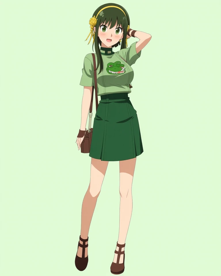 Macaroon was a young, pretty Japanese woman who looked like Yoru from the spy family. She had green eyes and a red blush, wore olive hair, a green skirt, a green shirt with a picture of a crocodile, and brown shoes.,  Japanese Anime,  full body shot