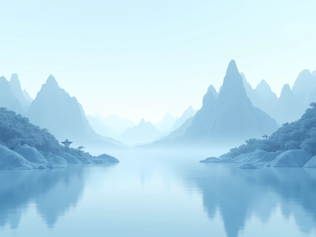 Please generate a light blue landscape painting， frosted glass texture ，Mountain peaks stacked ，Calm waters，Bright，Futuristic ， natural ethereal feeling ， clean lines ， white Chinese roof ，3D Rendering