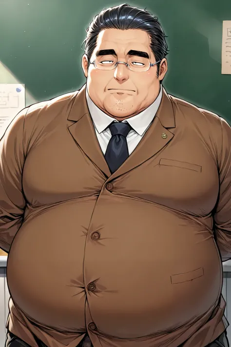 obese fat man,solo ,rimless glasses,black slicked back hair,cleft chin,japanese , narrow eyes, teacher,body