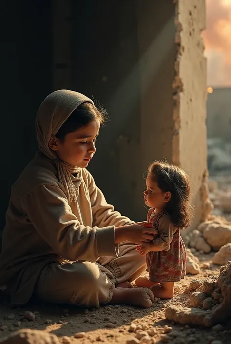 Short Film: "Zainab and the Doll" (3 Minutes)

First Minute: Innocence and Dreams

(1) [Opening Scene:]

A  Palestinian girl, Zainab, sits in a small room, gently brushing her doll Layla’s hair.

Smiling, she whispers to the doll:
"Layla, when I grow up, I...