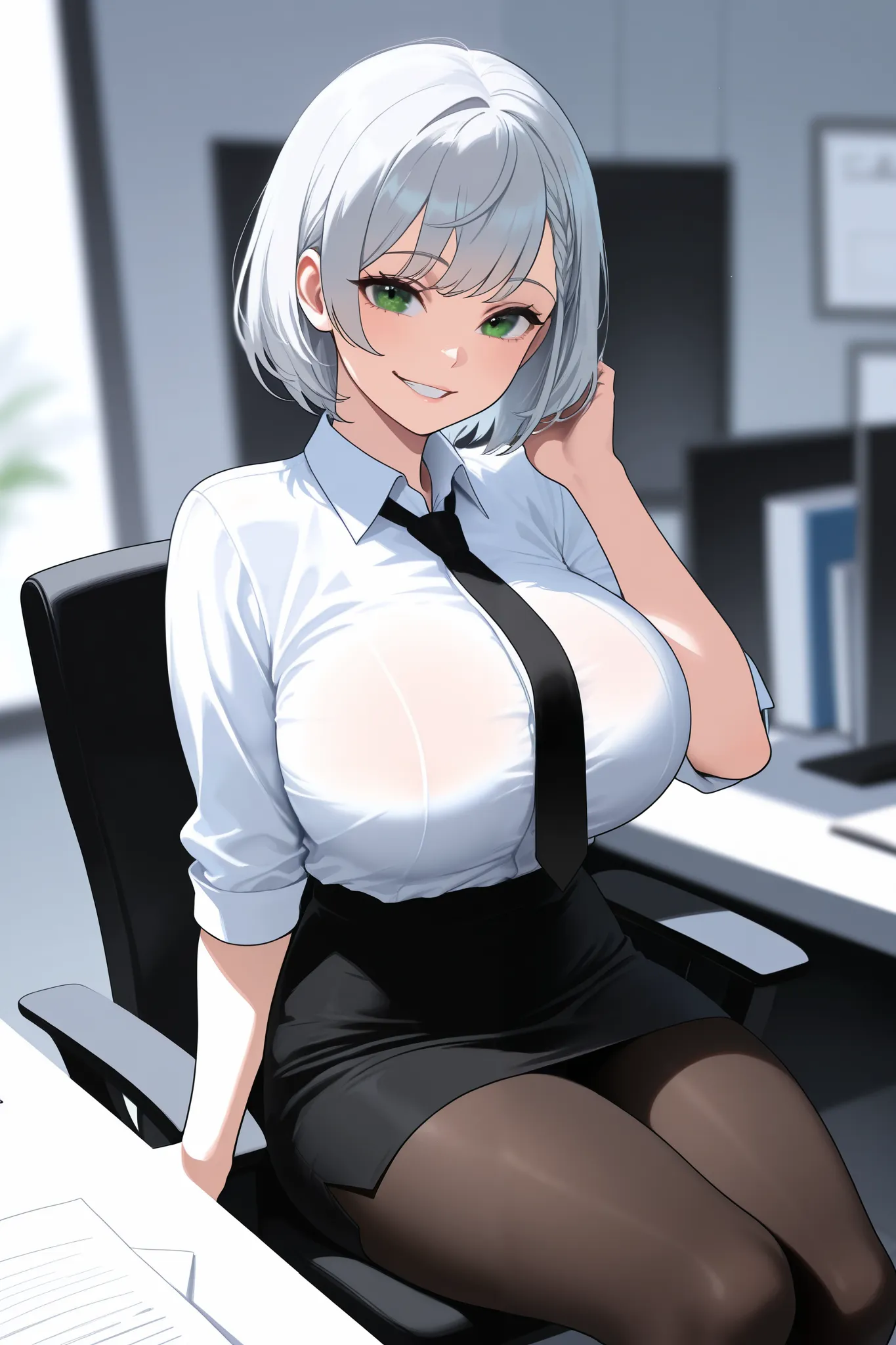 masterpiece, best quality, ultra-detailed, illustration, colorful, flat color, depth of field, 1girl, noel shirogane, anime, sitting, silver hair, short hair, green eyes, looking at viewer, at office, white shirt, black tie, black skirt, pantyhose, black p...