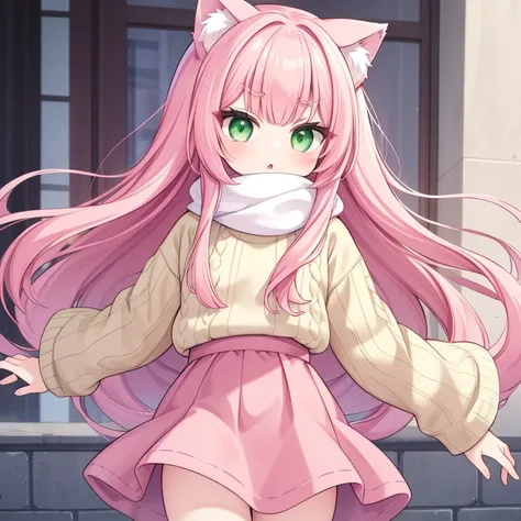 age girl,cat ears,neatly coherent bangs,marrow (eyebrows),Pink hair,green eyes,wears a hairpin shaped like a fish,long hair,Fluffy white scarf,large eyes,long eyelashes,She wears a beige sweater,red skirt