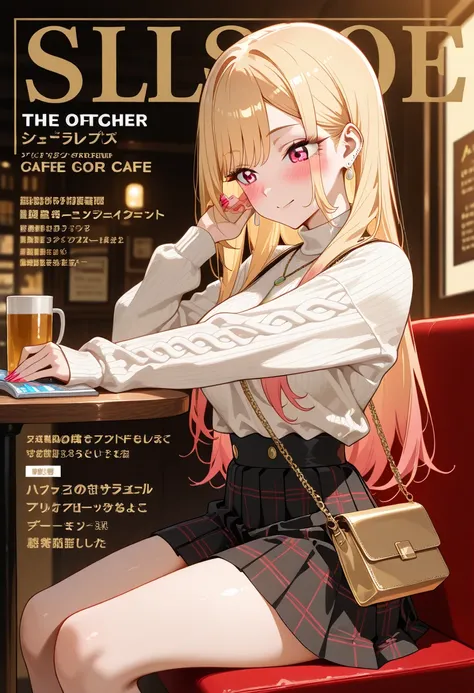 Marin Kitagawa, sitting at a stylish café booth, gently arching her back as she raises one arm overhead in a subtle stretch, the other hand tucking a loose strand of hair behind her ear, looking down at a magazine on the table, long sleek blonde hair softl...