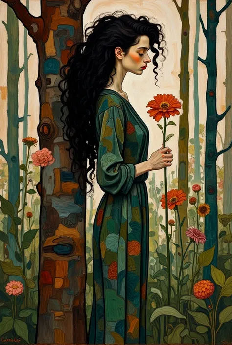 girl, long hair, black hair, long sleeve, dress up, holding, standing, closed eyes, flower, artist_[Mikhail garmash] , sig nature, from the side, tree, profile, animal, watermark, wavy hair, floral print, cat, plant, , nature, web_dress, forest, curly hair...