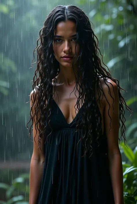 Beautiful brunette nymph with very long black and brown hair wearing black sheets as a long dress. He is under torrential dark storm showers, his super long curly hair is very wet and his features are perfect..  It's totally hot, You can barely see it in s...