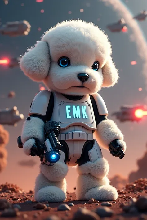 Stromtroopper in the figure of a dog poodle toy, cute furry AI in a mobile laser gun star war. On the shirt there is a glowing cool lettering, the word EMK. The background is a space war.