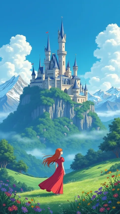 I want an 80s anime style image. I want a landscape with a blue sky and a mountain castle with a girl in a long red dress watching the castle