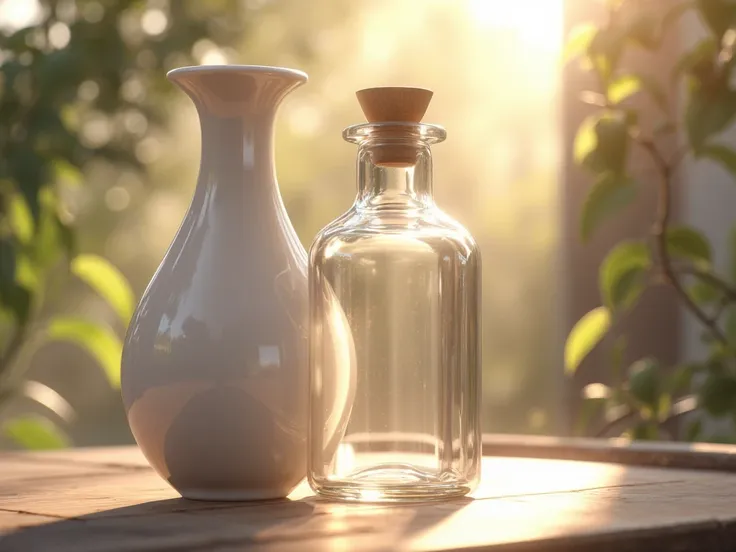 White medicine bottle,  vase-shaped medicine bottles, There is a stopper to close the bottle head.,  morning sunshine ,  Masterpiece,  inches, movies,  clear detail,  8k resolution .