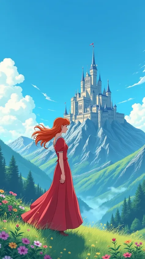 I want an 80s anime style image. I want a landscape with a blue sky and a mountain castle with a girl in a long red dress watching the castle