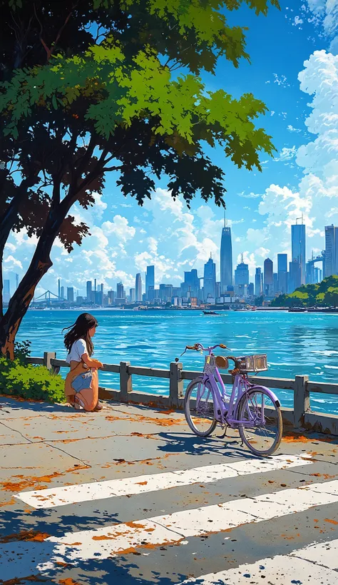 A highly detailed, semi-realistic digital painting of a peaceful urban waterfront on a bright and sunny afternoon. The perspective is from a slightly elevated angle, looking towards a young woman sitting at the edge of a walkway, gazing at the shimmering b...